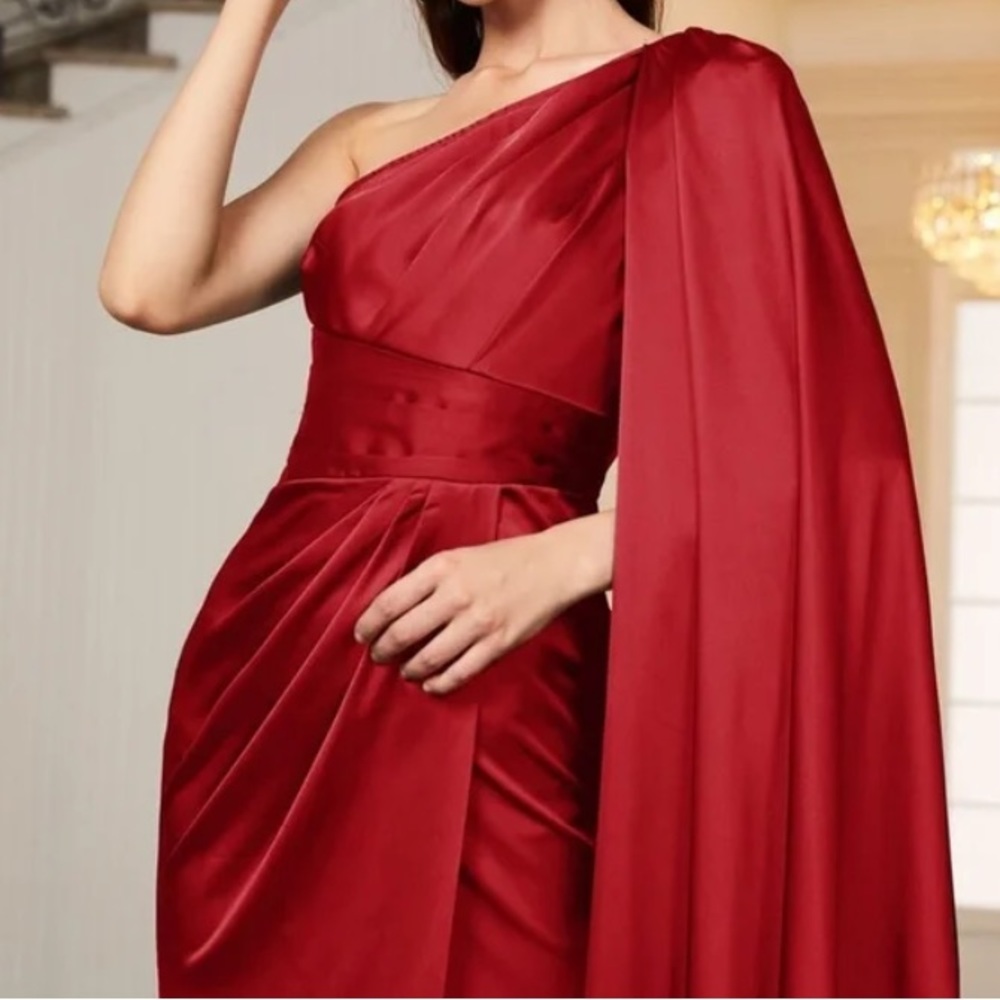 Luxe One shoulder Party Formal Evening Prom Satin Wedding Dress - Picture 7 of 15